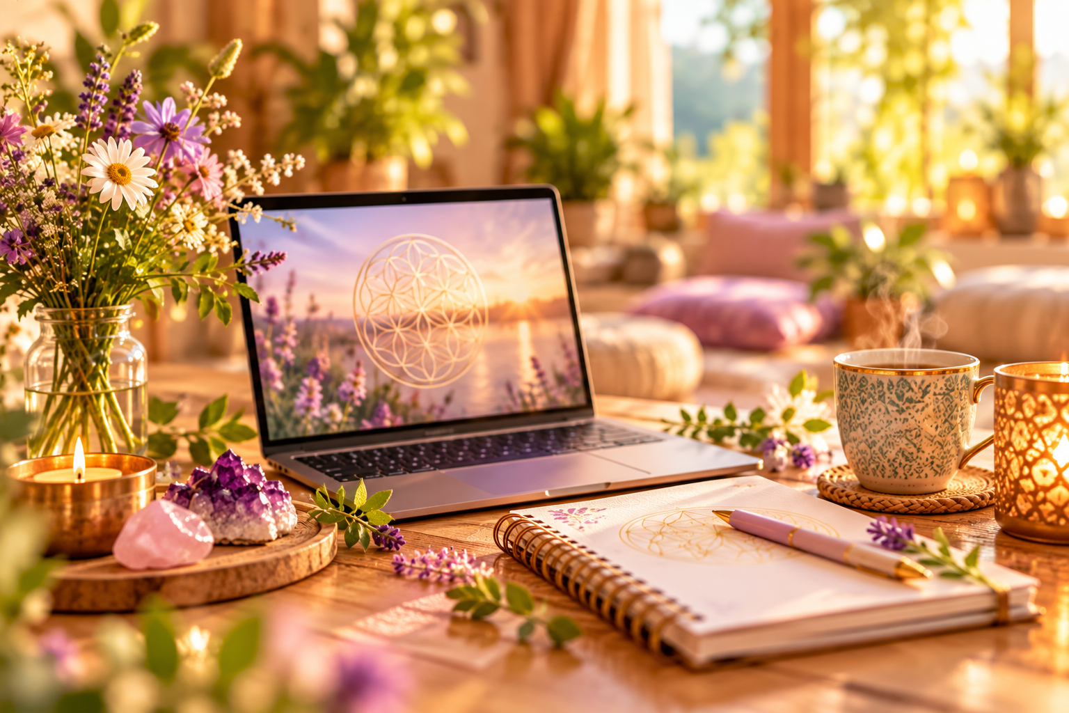 Webinare: Laptop in warmer Atmosphäre, daneben Notizbuch/Tee