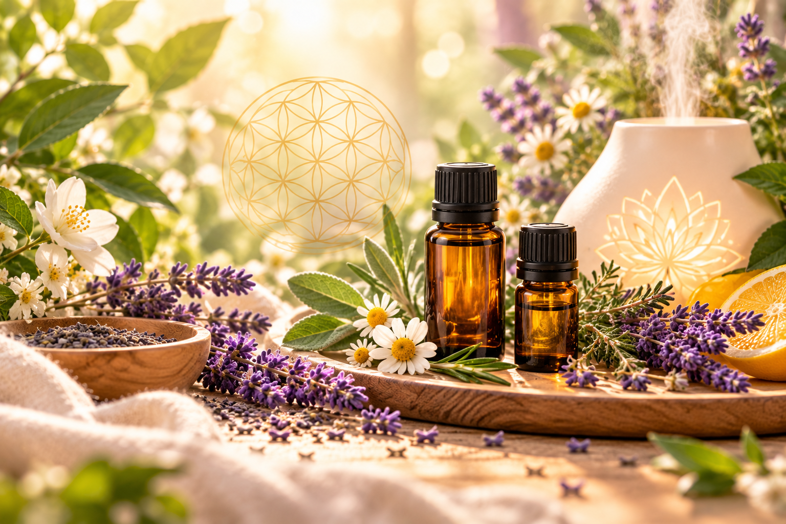 Ätherische Öle mit Lavendel, Kräutern und Diffuser in einer natürlichen, warmen Atmosphäre