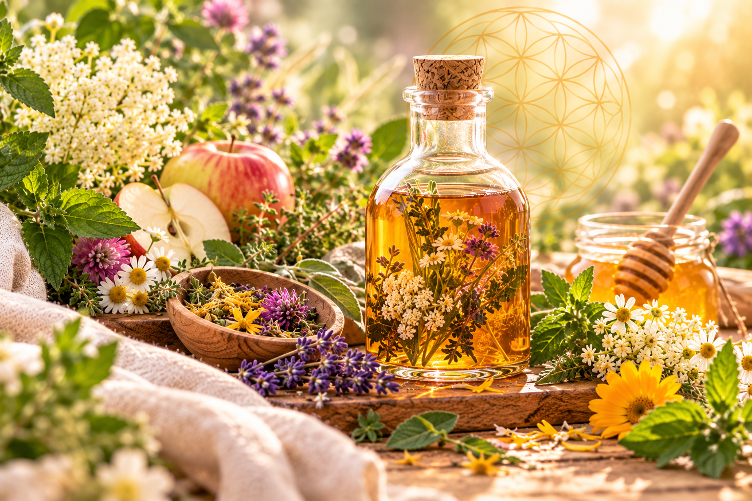 Oxymel mit Wildkräutern, Honig und Apfel in einer natürlichen Kräuterlandschaft