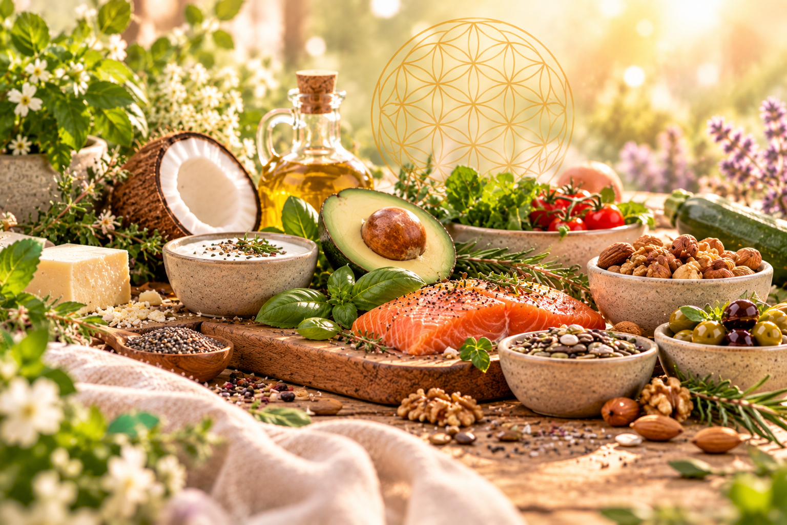 Ketogene Lebensmittel mit Lachs, Avocado, Nüssen, Käse und frischem Gemüse