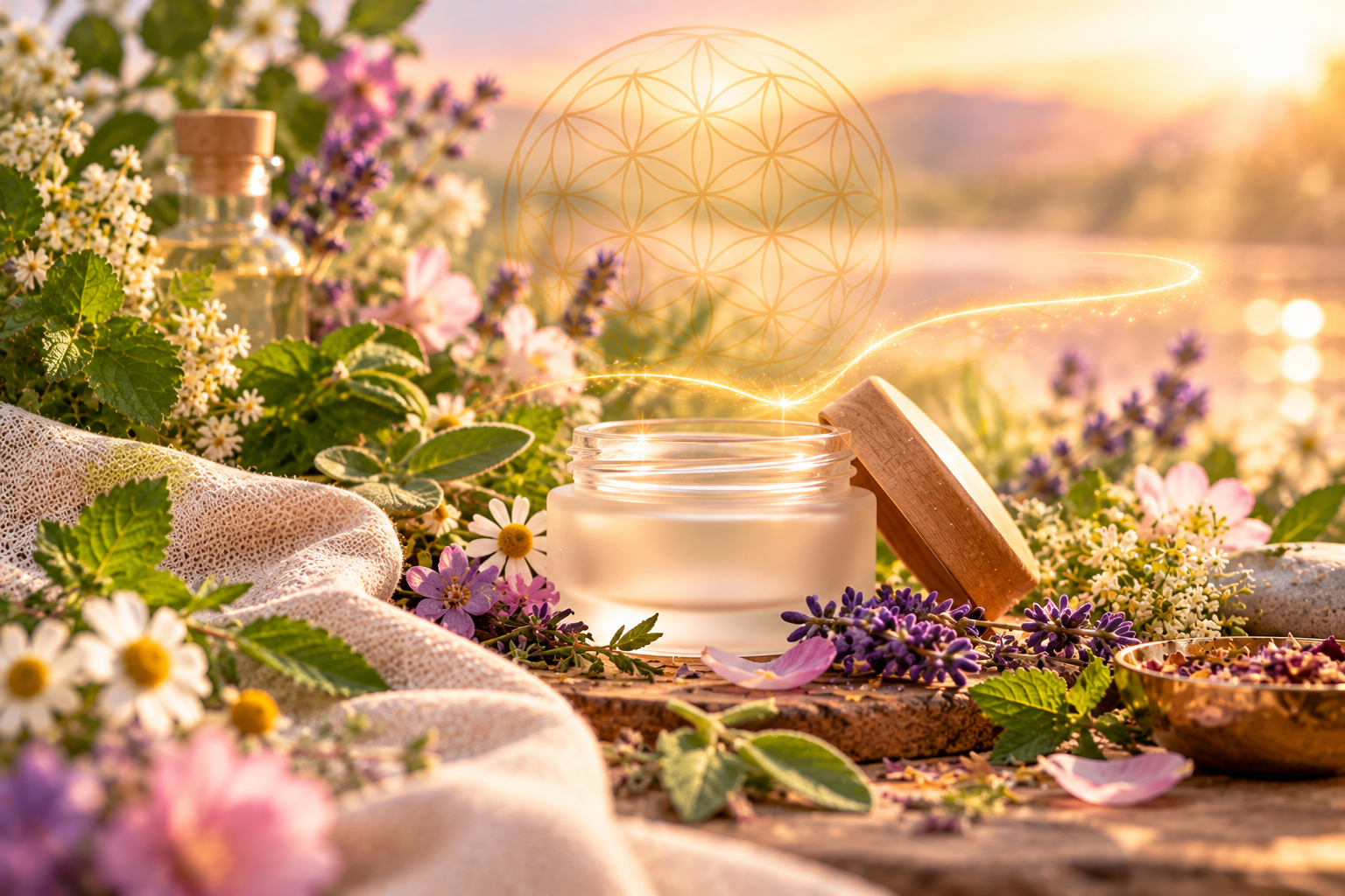 Naturkosmetik mit Pflegecreme, Kräutern und Blüten in warmer, natürlicher Atmosphäre